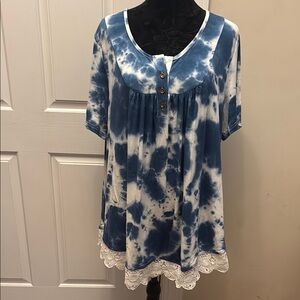 NWT, Popyoung Blue Tie-Dye Women's Top with Lace Trim